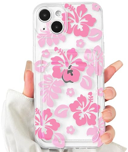NITITOP Compatible with iPhone 13 Case Clear with Card Holder Cute Pink Floral Pattern for Women Girl Hibiscu Soft TPU Shock-absorbing Wallet Case Protective Phone Cover - Pink