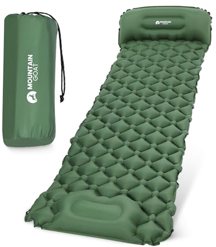 Mountain Goat Ultraleichte Isomatte Aufblasbar mit integrierter Fußpumpe, 190x58x7 cm, Camping Luftmatratze mit Integriertem Kissen, Matratze für Trekking, Wandern, Reißfestes Nylon TPU, Militärgrün