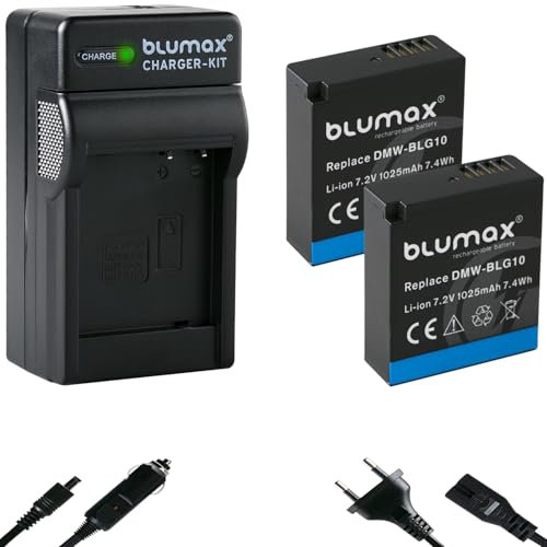 Blumax Lot de 2 batteries de rechange pour Panasonic DMW-BLG10 / DMW-BLG10E [1025 mAh] + chargeur DMW-BLE9 E, BP-DC15 E, pour Lumix DMC-GF6 GX7 III GX80 - DC-TZ202 G110