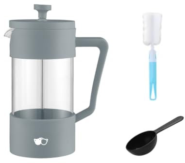 W&M Cafetera - Cafetera Francesa - Prensa Francesa - French Press - Cafetera Manual - Cafetera Acero Inoxidable - Vidrio de Borosilicato - Triple Filtro - Cuchara Medidora + Limpiador - Gris - 350ml