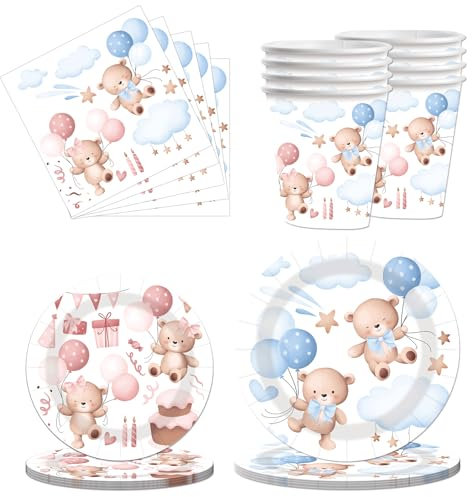 50pcs Bear Birthday Party Tableware Set Bear Party Decorations Bear Plates Napkins Cups for Boys Kid Birthday Party Decoration Supplies (Bear)