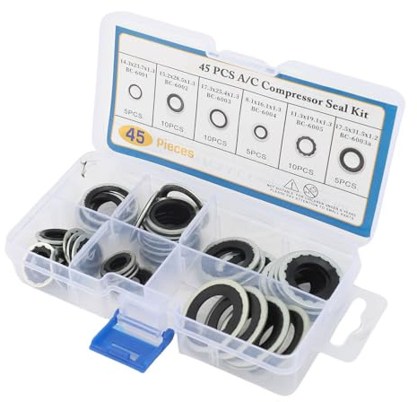 Oreilet Kit de Juntas de CA, 45 Piezas de 6 Tamaños de Juntas de Compresor de Aire Acondicionado, Kit de Arandelas de Sellado de CA para Automóviles con de Goma de Metal Engrosadas para Panel de