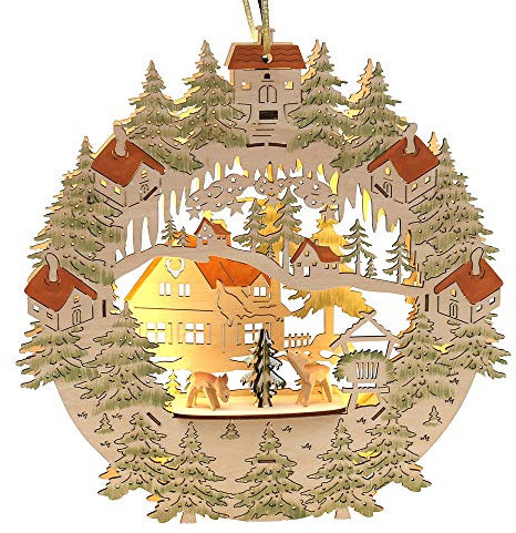 Exclusives, beleuchtetes 2 D Holz Fensterbild mit LED Band, Motiv: Wald mit Rehe