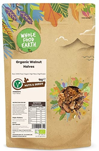 Wholefood Earth Organic Walnut Halves 1kg Raw | GMO Free | Vegan | High Fibre | High Protein | Certified Organic