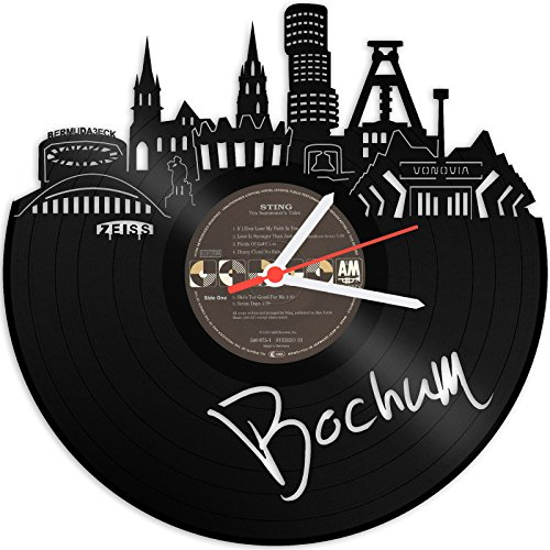 GRAVURZEILE Schallplattenuhr - Skyline Bochum - Wanduhr aus gegossenem Vinyl mit Stadt Skyline 30 cm - Upcycling Design-Uhr Wand-Deko Vintage Wand-Dekoration Retro-Uhr - Made in Germany