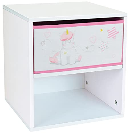 Fun House 713045 Licorne Chevet/Table de Nuit avec tiroir H.36 X L. 33 X P. 30 CM pour Enfant, Blanc/Rose, à partir de 2 Ans