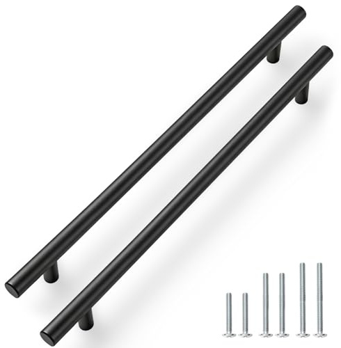 PinLin 20 Pack Kitchen Door Handles 224mm Hole Centre Flat Black Cabinet Handles Stainless Steel Cupboard T Bar Handle (Screws Included)