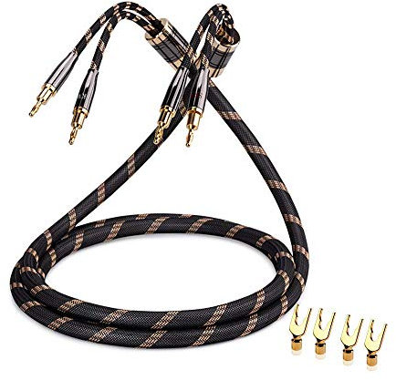 SKW Audiophile Câble d'enceinte, câble Banane remplaçable, fiche plaquée Or, Tresse de Nylon, câble de qualité Hi-FI (5 m, Noir, 1PCS / Kit)