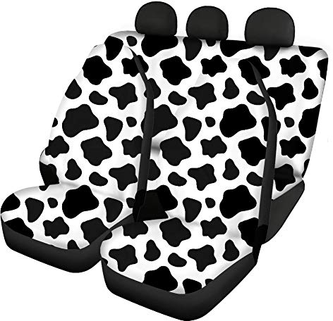 Binienty Auto Decor Accessories Autositzbezüge für vorne und hinten, Tier-Kuh-Druck, schwarz und weiß, Autositzschutz-Kissenmatten, 4 Stück