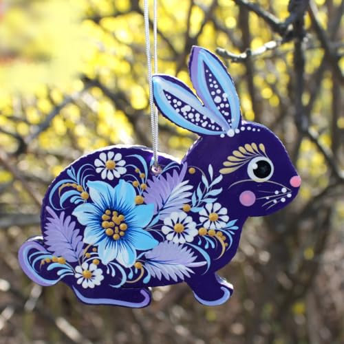 Weihnachtsschmuck Hase aus Holz 8,5 x 8,5 x 0,5 cm Handbemalt mit Blumenmuster der Ukrainischer Petrykiwka-Malerei, Schöner Osterhase zum Aufhängen