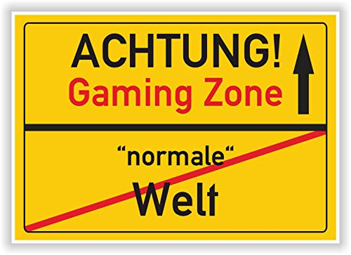 GAMING ZONE - normale Welt - Ortsschild - Bild - Geschenkidee Hinweis zum Spielzimmer lustiger Hinweis Party Deko Karte ohne Rahmen Junge Mädchen DIN A4 Papier/Karton