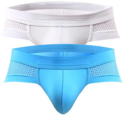 Uneihoiz Men's Comfort Soft Underwear Breathable Holes Design Briefs Pack of 2 White/Blue Large