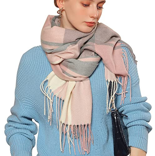 Baynetin Damen Winter Senior Plaid Kaschmir Schal,Kariert Pashmina Übergroßer Herbstschal Stolen,Tartan Schultertuch Mit Quasten,Karomuster Warmer Oversized Fransen Poncho (Pink Blau)