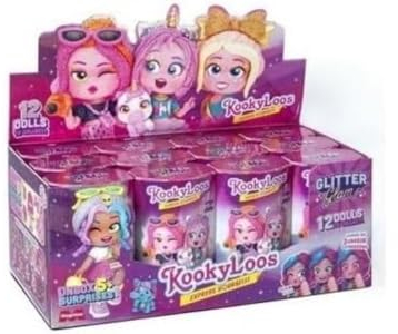 KOOKYLOOS Glitzer-Glam-Serie – 12 Komplette Kollektion – sammelbare Überraschungspuppe mit Mode-Accessoires, Kleidung, Schuhen und Spielzeug mit 3 lustigen Ausdrücken, 12 Puppen enthalten