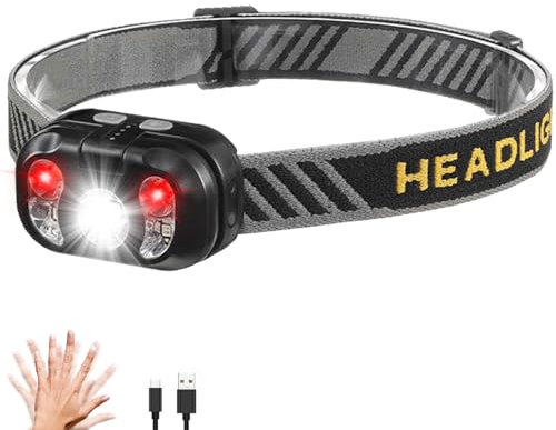 MODOAO LED Stirnlampe Wiederaufladbar,Stirnlampe Kopflampe mit 6-Lichtmodi von Rotlicht, lila Licht und warmweißes Licht,Bewegungssensor,Mini Stirnlampe (1 Pack)