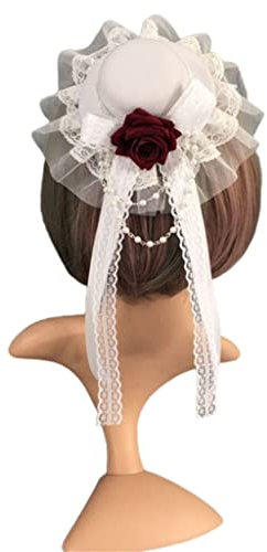 CHFYIJYHM Lolita Kopfschmuck, Stirnband, Haarschmuck, Haarreifen, japanischer Lolita, Vintage, kleiner Zylinderhut, Haarnadel, Rüschen, Spitzenband, Schleife, Rose, Blume, Kopfschmuck,