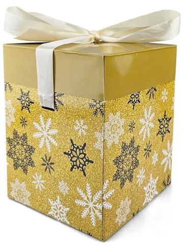 Netuno Geschenkbox Weihnachten 12x12x15 cm mit Deckel Schleife, Gold | Gold-weiß-schwarzes Schneeflocken-Muster: passend zu Weihnachten, zum Wichteln und als Mitarbeitergeschenk