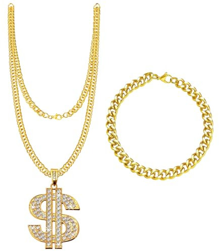 MADGININE 1 Pcs Dollar Sign Necklace, 1 Pcs Gold Bracelet, Money Chain Adjustable Gold Money Chain, Money Necklace,Gold Digger Accessoriesfor Rapper Accessories Role Play Carnival Party for Men Women