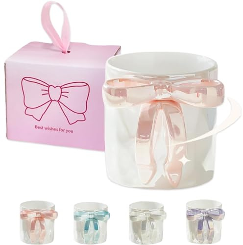 Affascinanti tazze con nastro con manico a fiocco, affascinanti tazze di nastro, tazza natalizia rosa, tazza di ceramica rosa con fiocco di Natale (rosa)