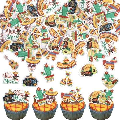 SYKYCTCY 63 Pack Edible Mexican Fiesta Cupcake Toppers Cactus Donkey Maraca Sombrero Pepper Guitar Cupcake Picks for Mexican Fiesta Theme Baby Shower Birthday Party Cake Decorations Supplies