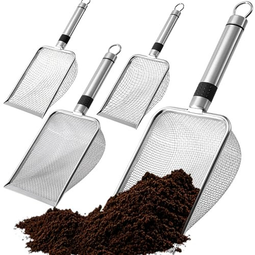 CXAFQ 4 Stainless Steel Hollow Shovels, Four Hole Specifications: 2.0mm, 2.8mm, 3.8mm, And 5.0mm, Metal Sieve, Fine Mesh Sieve, Can Be Used For Horticultural Soil Screening, Pet Litter Cleaning