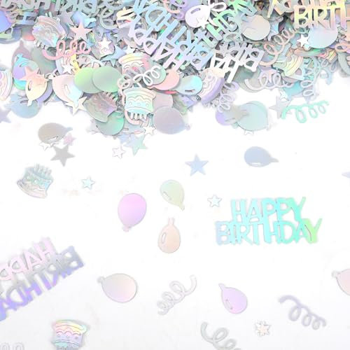 Gosknor 600pcs Confettis d'Anniversaire, Confettis Irisés pour Fête Décoration Métallique Happy Birthday Table avec Gâteaux Ballons Étoiles Rubans Formes pour Loisirs Créatifs DIY Décoration Festive