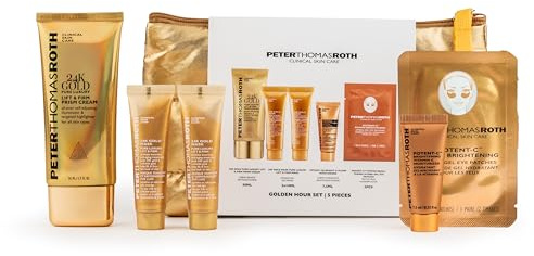 Peter Thomas Roth Golden Hour Skincare Gift Set 2025 – With Full-Size 24K Highlighter, Gold Mask, Potent-C Moisturiser & Eye Patch in Gold Cosmetic Bag – Limited Edition Glow Set