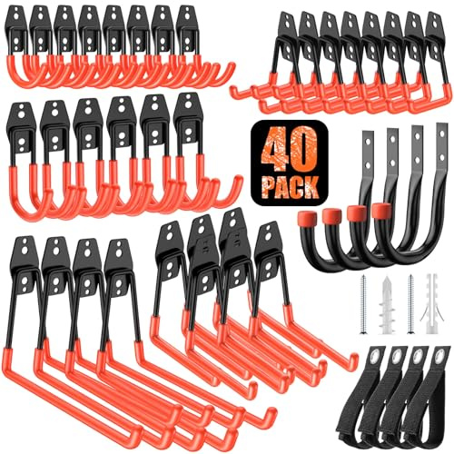 MIKRUI 40 Pack Heavy Duty Garage Hooks,Solid Steel Wall Mount Hangers,with Anti-Slip Coating,for Hanging and Organising Ladder,Bike,Ropes,Broom,Garden,Yard and Power Tools