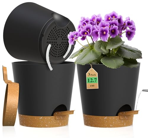 WSMKSZ 12.7 cm Self Watering Plant Pots Indoor, 3 Pack Small Flower Pots | 5 inch Plastic Nursery Pots with Drainage Holes & Removable Reservoir, Cotton Wick, for House Plants, Black Brown