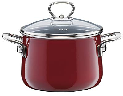 Riess, 0701-008, Fleischtopf mit Glasdeckel, NOUVELLE, ROSSO EXTRA STARK, Durchmessser 16 cm, Höhe 18 cm, Inhalt 2 Liter, Emaille, Induktion