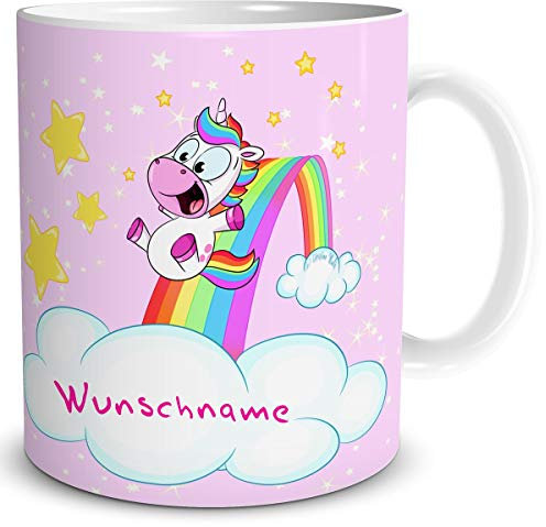 TRIOSK Tasse Einhorn mit Namen personalisiert Unicorn Rutsche lustig Geschenk für Einhornfans Frauen Freundin Kinder Geburtstag Rosa