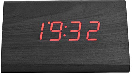 Socobeta Digitaler Wecker Elektronische LED-Dreieck-Anzeigezeittemperatur aus Holz mit Sprachsteuerung für das Büro im Schlafzimmer zu Hause(Schwarzes Holz + rotes Licht)