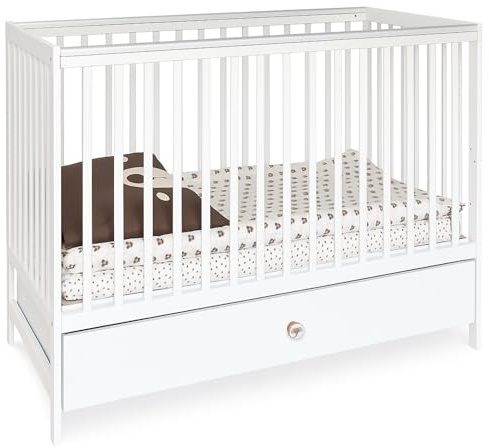 ATB Kinderbett DODO 120x60 mit Schublade - Höhenverstellbar 3 Matratze Höhen - Weiss Babybett Holz mit Rausfallschutz und Beißschutz - Herausnehmbare Sprossen