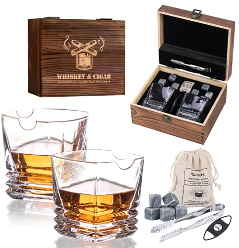 Lot de 2 verres à whisky carrés en cristal à l'ancienne, pierre à whisky, pince, pochette en velours et cutter, excellent cadeau pour homme, papa, mari, amateur de whisky
