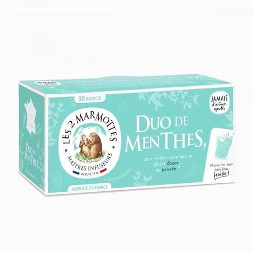 Les 2 Marmottes - Infusion Duo de Menthes - 30 Sachets | Douceur et Fraîcheur, Tisane Bien-Être et Relaxation, A Froid ou A ChaudSans arômes ajoutés, Made in France