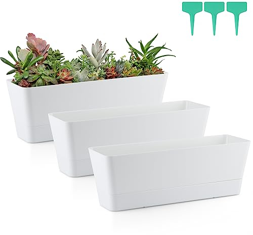 Skelang, 3er Set rechteckige Pflanzgefäße, 30 cm, Fensterbank-Blumenkasten für Sukkulenten, Kräuter, Gemüse (Weiß)