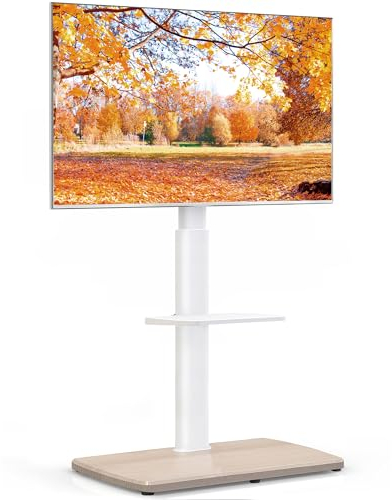 FITUEYES TV Floor Stand with Wood Base for 32-70 Inch, Swivel & Height Adjustable Tall TV Stand with Shelf, Slim TV Stand End Bed Max VESA 600x400mm Holds 40kg White