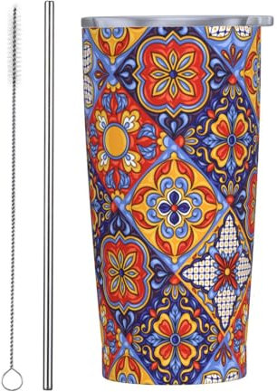 cfpolar Taza de café de cerámica mexicana Talavera de 20 onzas, taza de café de viaje de acero inoxidable aislada con tapa y pajilla, botella de agua duradera para bebidas frías y calientes