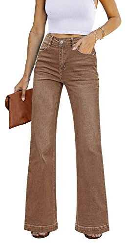 Roskiky Pantalon évasé pour femme, coupe large, baggy, taille haute, stretch, pour femme, Marron noix de pécan, XS
