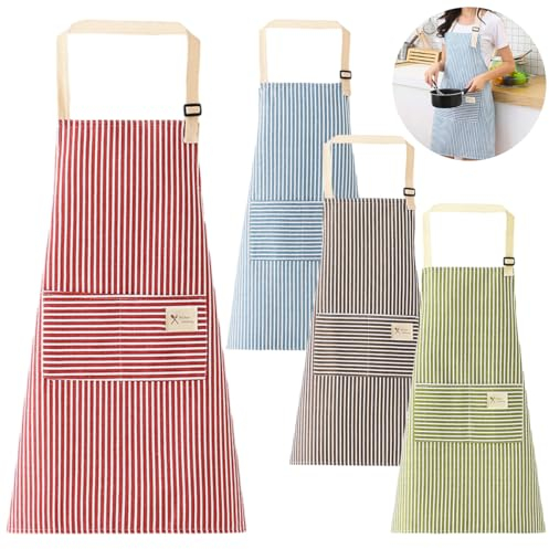 Suevut 4 Piezas Delantal Cocina Mujer Kit,70x65cm Antiincrustante Delantales de Cocina, Ajustable Mandil con Bolsillos, para Jardinería, Restaurante, Hornear, Barbacoa