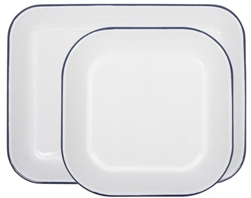Argon Tableware 2 Piece Baking Tray Set - Blue Rim - Lightweight Metal Rectangular Enamel Oven Tray Kitchen Bakeware Flat Cooking Pan for Roasting, Baking