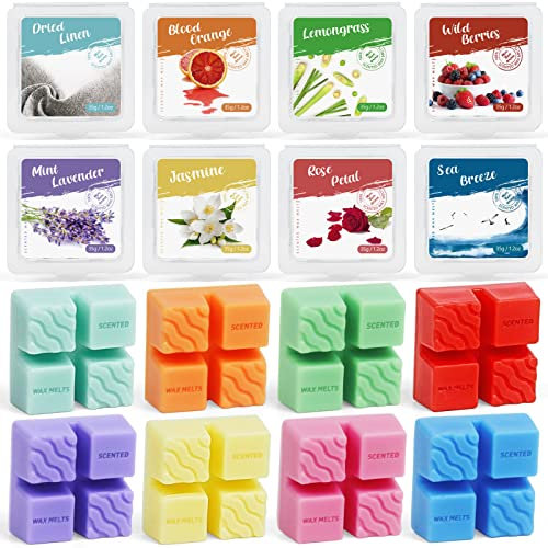 Scented Wax Melts, Soy Wax Warmer Cubes, 8 Scents of Jasmine, Mint Lavender, Wild Berries, Blood Orange, Lemongrass, Rose Petal, Dried Linen, Sea Breeze, Gift Set for Women, Mother's Day
