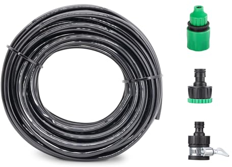 Topways Drip Irrigation Hose Line,25 Meters I.D 4mm/O.D 7mm Black Micro Irrigation Tube Including Faucet Adapter, Hose End Quick Connector for Gardening Watering System (25 Meters)
