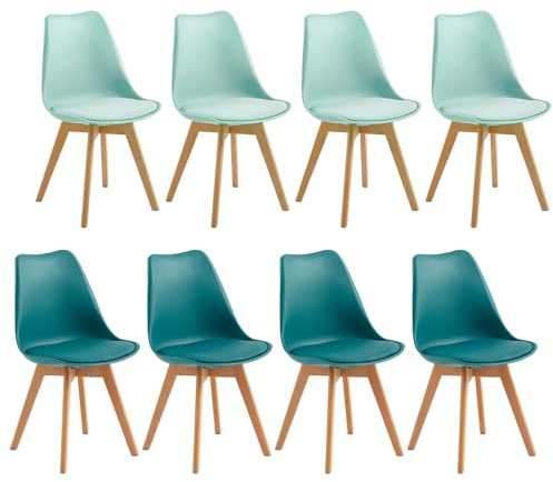 EGGREE 8er Set Esszimmerstühle mit Massivholz Buche Bein SGS Geprüfter Skandinavisch Design Gepolsterter Stuhl Küchenstuhl Holz,4 Türkis + 4 Mintgrün