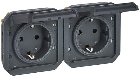 LEGRAND, Plexo New Einsatz, Feuchtraum-Steckdose, 2-fach, Schuko-Stand., inkl. Klappdeckel, Berührungsschutz, vorverdrahtet, horizontal, IP44 - IK08 (IP55 bei geschlossenem Deckel), Anthrazit, 069879L