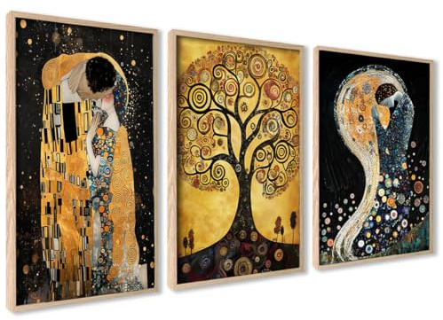 3er Set Poster Wanddeko Wohnzimmer Ideal als Geschenk Modernes Design Flur | 40x50 Bilder mit Holz Rahmen Stilvolles Bilder Set Wandpostern Gustav Klimt Kuss Baum des Lebens Paintings Sammlung für
