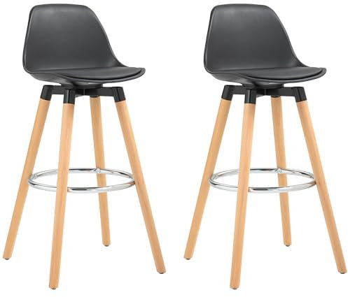 HOMCOM Juego de 2 Taburetes Altos de Cocina Altura Asiento 69 cm Taburetes de Bar Sillas Altas de Cocina Tapizado en PU con Respaldo Patas de Madera para Comedor Negro