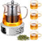 Umllpet Glas Teekanne und Stövchen Set mit 4 Gläser, 1300ml Glas Teekanne mit Siebeinsatz mit Teewärmer Edelstahl, Teekanne aus Glas mit abnehmbarem Teesieb, Teebereiter mit Sieb & Teelichtofen
