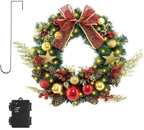 16 in Pre-Lit Christmas Door Wreath with Timer & Hanger & 50LED Warm Lights