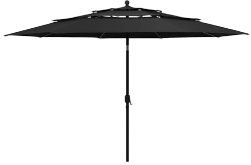 Mokuyary - Sombrilla de jardín de 3 niveles con mástil de aluminio, color negro 3,5 m, parasol exterior para terraza, piscina, playa, restaurantes, balcón